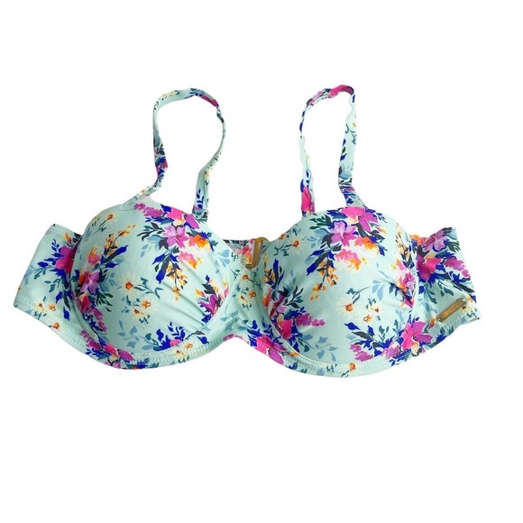 Nicole Miller SZ 6 Blue Floral Underwire Bikini Swim Top Adjus Push Up Women - Picture 1 of 5
